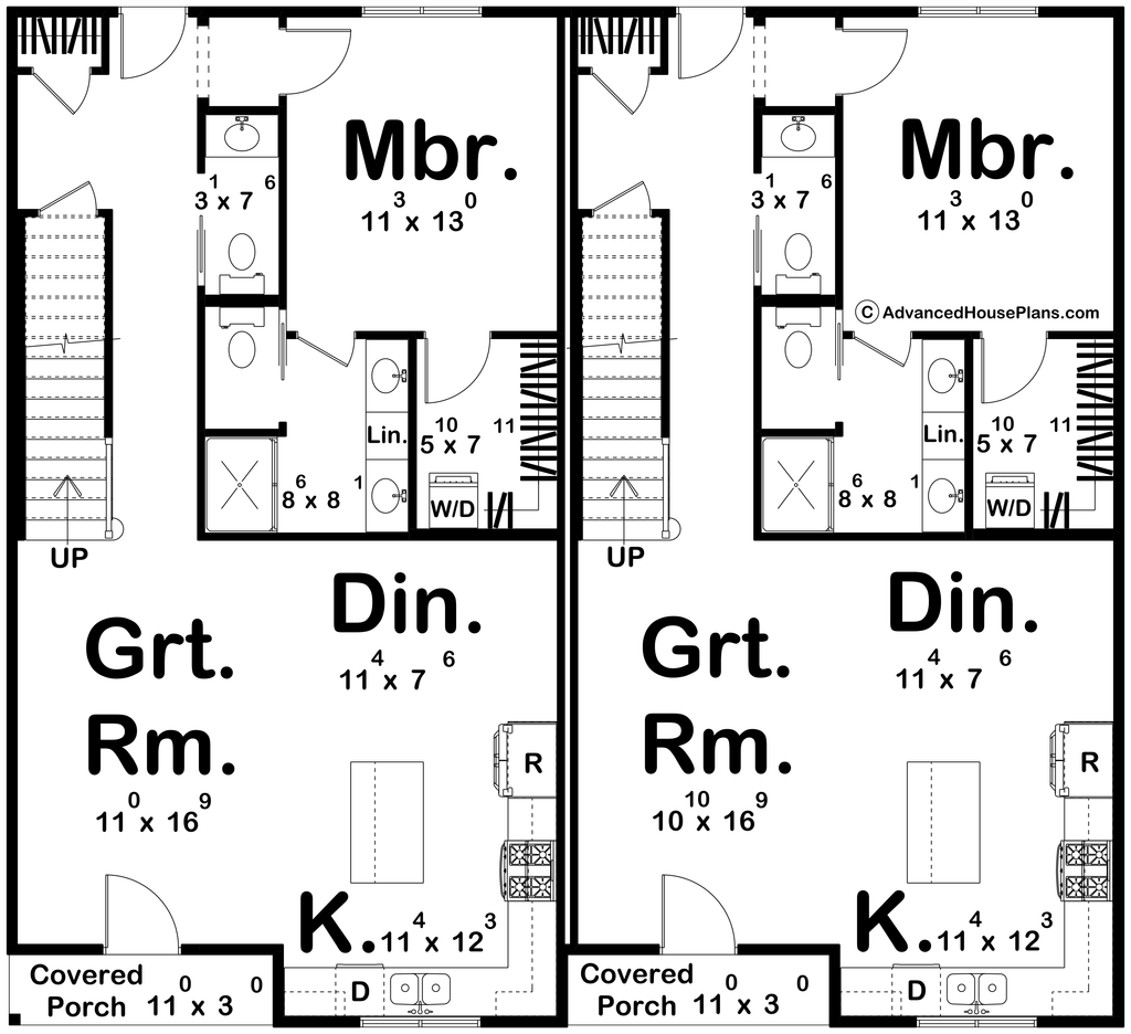 Main floor plan showing a duplex design with a main suite for each unit and an open floor plan