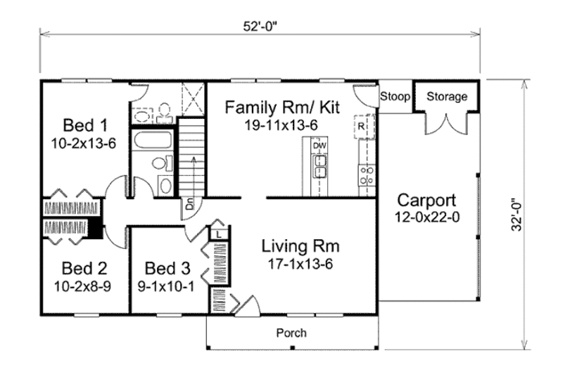 Ranch Style House Plan 3 Beds 2 Baths 1120 Sq/Ft Plan