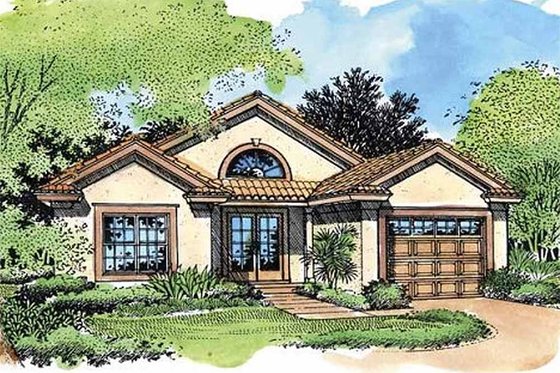 Exterior - Front Elevation for Mediterranean House Plan #320-420 - 2 bed, 2 bath