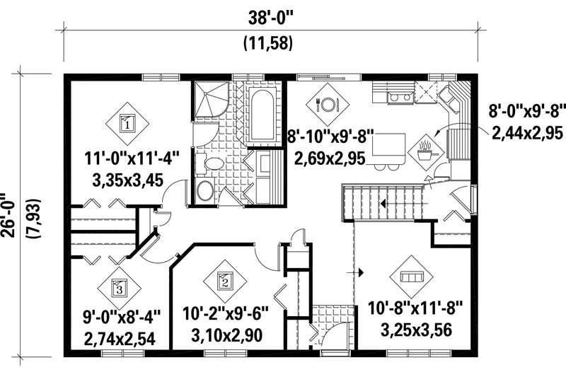 Home Plan - Floor Plan - Main Floor for Country House Plan #25-4834 - 3 bed, 1 bath