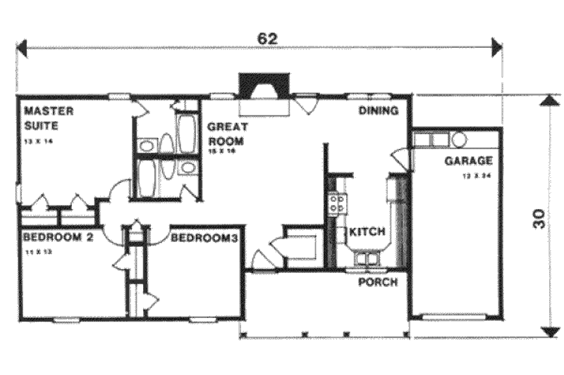 Architectural House Design - Floor Plan - Main Floor for Ranch House Plan #30-123 - 3 bed, 2 bath