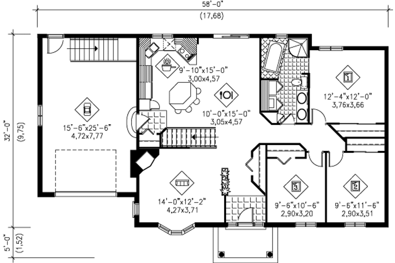 House Plan Design - Floor Plan - Main Floor for Ranch House Plan #25-1147 - 3 bed, 1 bath