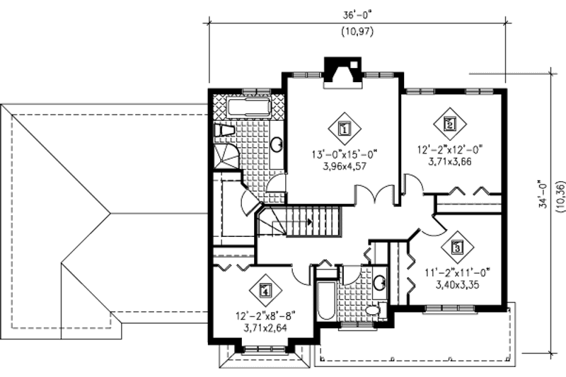 House Blueprint - Floor Plan - Upper Floor for European House Plan #25-252 - 4 bed, 2.5 bath