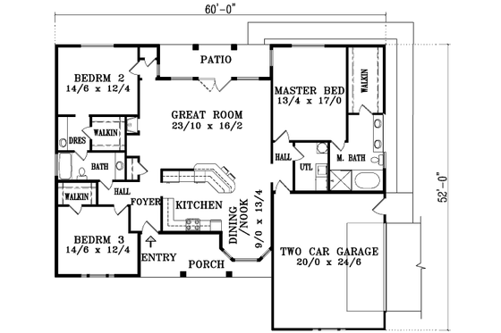 Floor Plan - Main Floor for Ranch House Plan #1-1387 - 3 bed, 2 bath