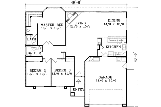 Floor Plan - Main Floor for Traditional House Plan #1-1276 - 3 bed, 2 bath