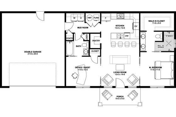 Floor Plan - Main Floor for Farmhouse House Plan #126-258 - 2 bed, 2 bath