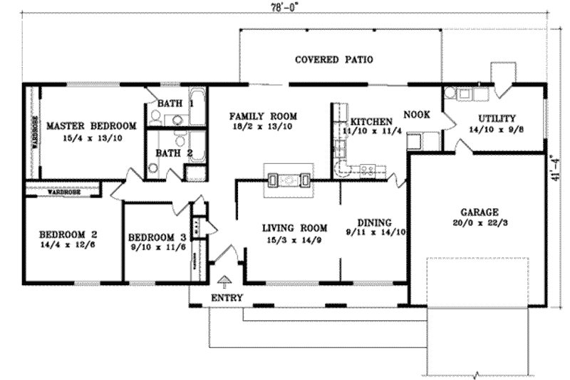 Home Plan - Floor Plan - Main Floor for Adobe / Southwestern House Plan #1-773 - 3 bed, 2 bath
