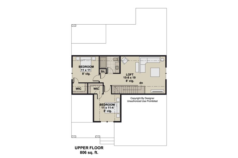 House Blueprint - Floor Plan - Upper Floor for Bungalow House Plan #51-1405 - 3 bed, 2 bath
