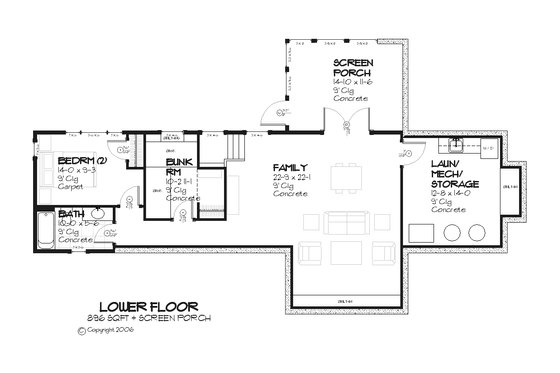 Cottage style house plan, country floor plan, screened porch