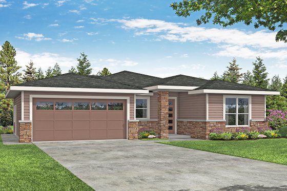 Exterior - Front Elevation 3 for Prairie House Plan #124-1192 - 3 bed, 2 bath