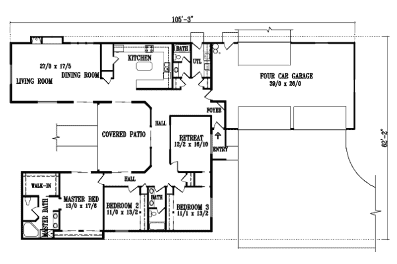 Architectural House Design - Floor Plan - Main Floor for Ranch House Plan #1-1191 - 3 bed, 3 bath
