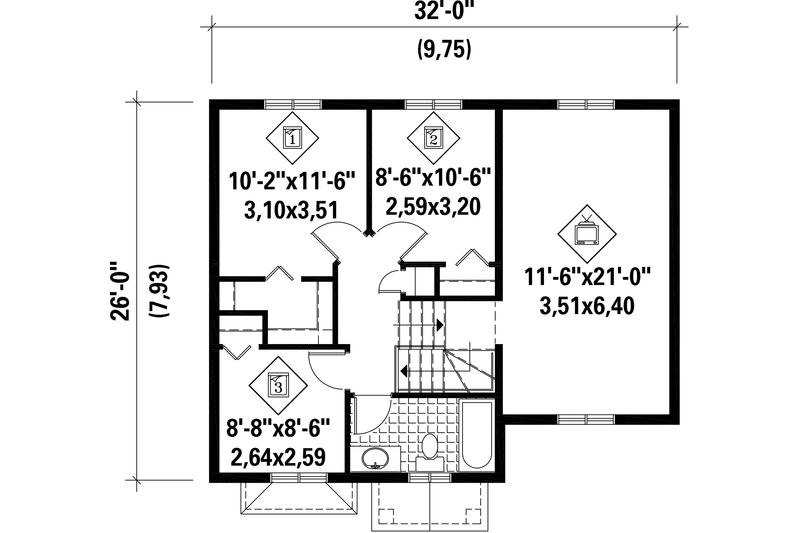 Dream House Plan - Floor Plan - Upper Floor for European House Plan #25-4493 - 3 bed, 1 bath