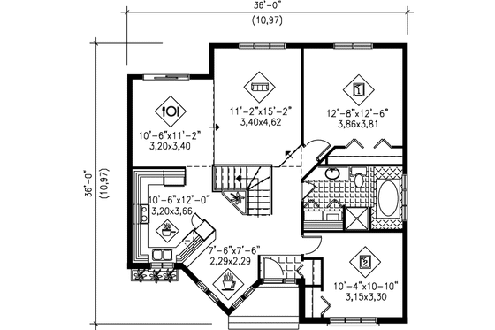 Floor Plan - Main Floor for European House Plan #25-1099 - 2 bed, 1 bath