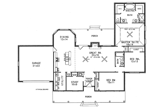 Floor Plan - Main Floor for Mediterranean House Plan #14-111 - 3 bed, 2 bath