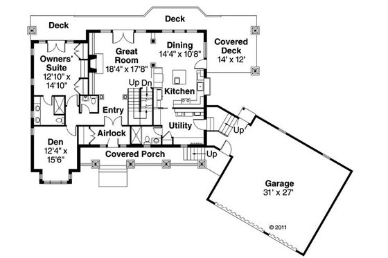 Floor Plan - Main Floor for Craftsman House Plan #124-880 - 3 bed, 3.5 bath