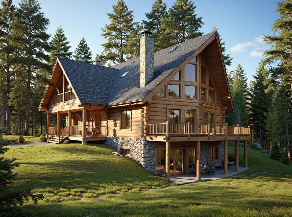 Exterior - Front Elevation 2 for Log House Plan #117-397 - 6 bed, 3 bath