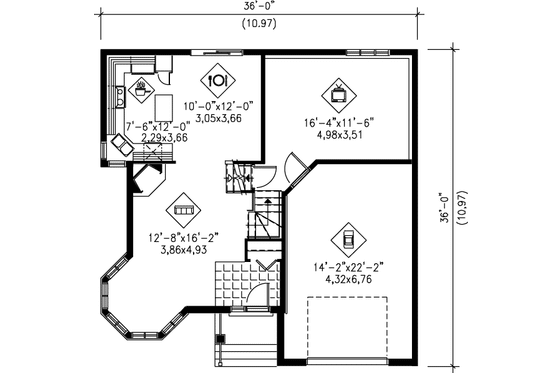 Floor Plan - Main Floor for European House Plan #25-316 - 3 bed, 1 bath
