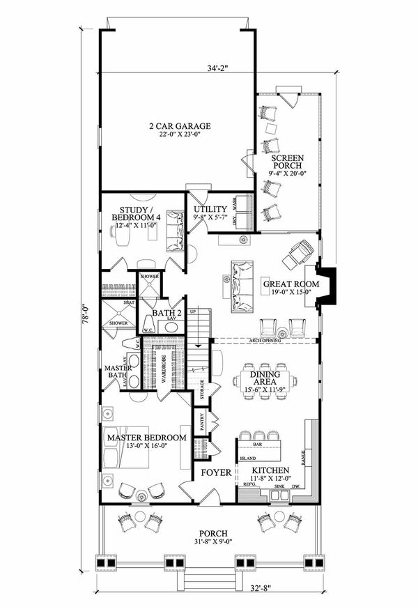 Architectural House Design - Country style home, cottage design, main level floor plan