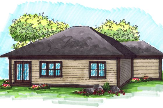 Exterior - Rear Elevation for Ranch House Plan #70-1020 - 2 bed, 2 bath