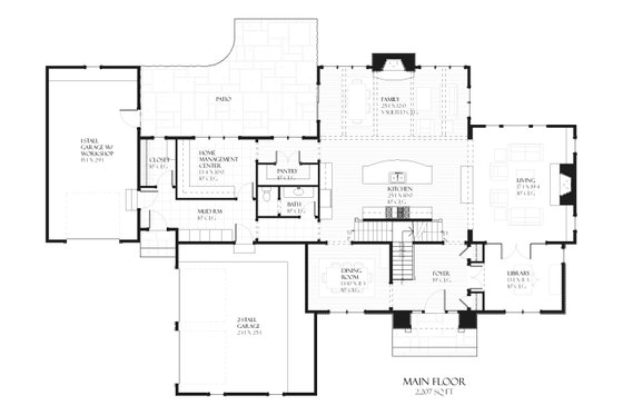 European style house plan, main level floor plan
