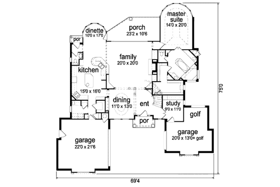 Floor Plan - Main Floor for European House Plan #84-343 - 3 bed, 3.5 bath