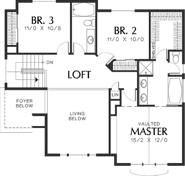 Architectural House Design - Upper Level Floor plan  - 2000 square foot Craftsman home