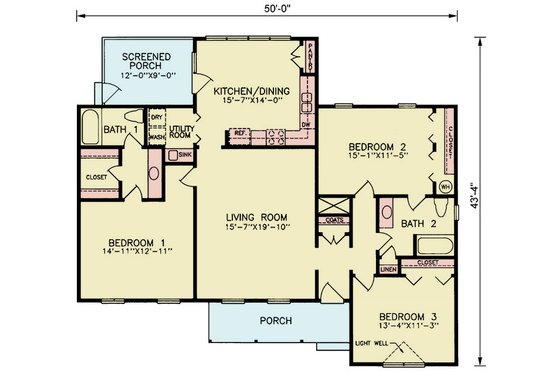 Floor Plan - Main Floor for Ranch House Plan #54-632 - 3 bed, 2 bath