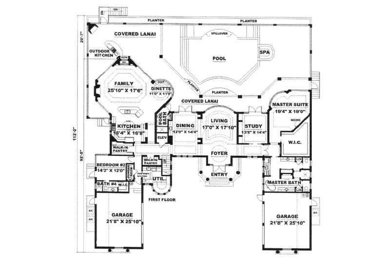 House Plan Design - Floor Plan - Main Floor for Mediterranean House Plan #27-224 - 4 bed, 6.5 bath