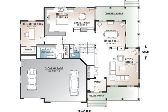 Floor Plan - Main Floor for Traditional House Plan #23-570 - 3 bed, 2.5 bath