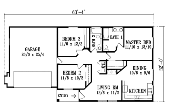 Floor Plan - Main Floor for Ranch House Plan #1-1072 - 3 bed, 2 bath