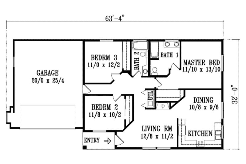 Architectural House Design - Floor Plan - Main Floor for Ranch House Plan #1-1072 - 3 bed, 2 bath