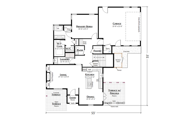 House Blueprint - Floor Plan - Main Floor for European House Plan #1099-20 - 3 bed, 2.5 bath