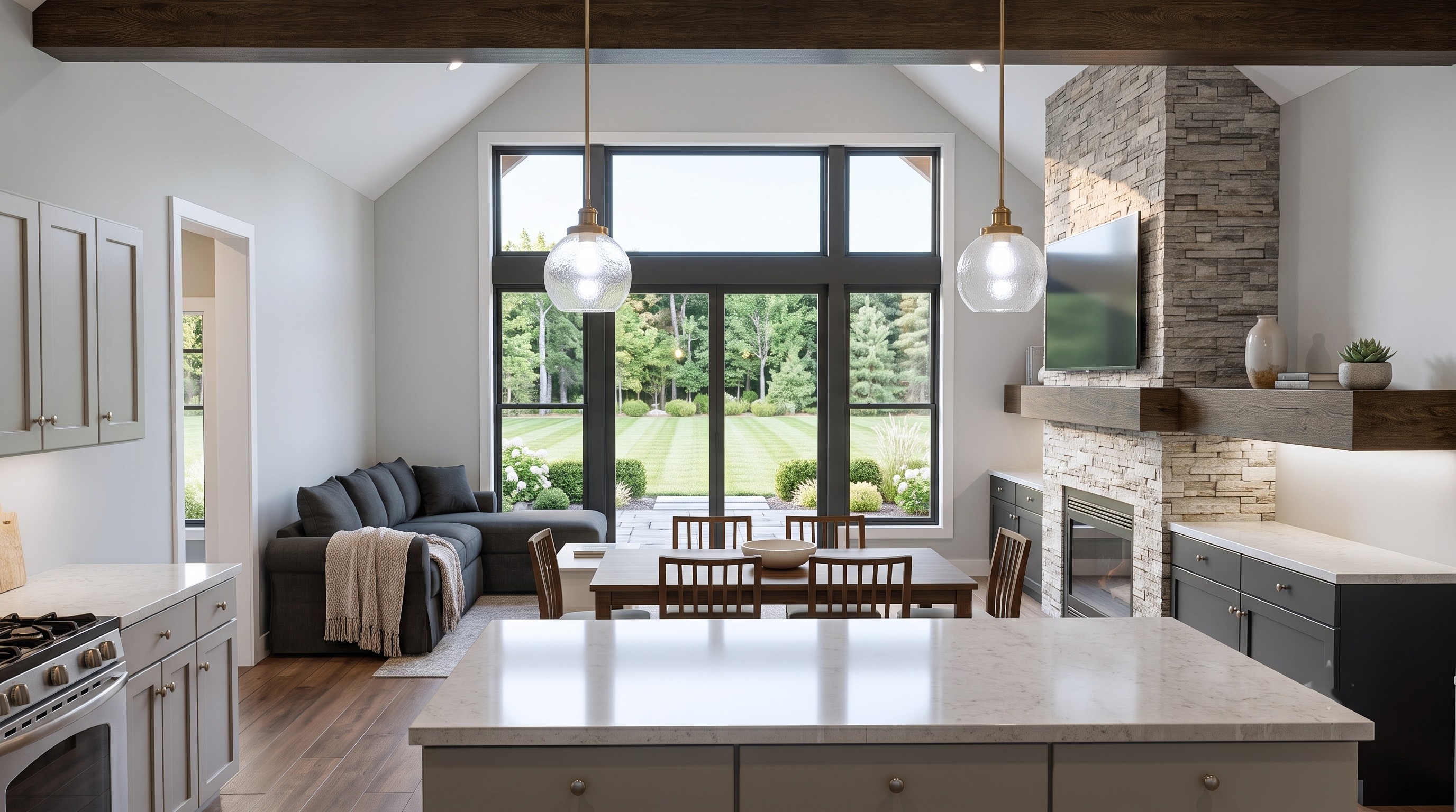 Kitchen and living room with view of the backyard