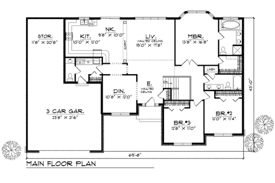Floor Plan - Main Floor for Traditional House Plan #70-273 - 3 bed, 2.5 bath