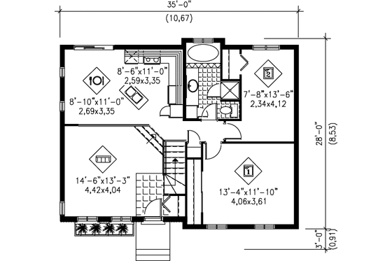Floor Plan - Main Floor for Ranch House Plan #25-1123 - 2 bed, 1 bath