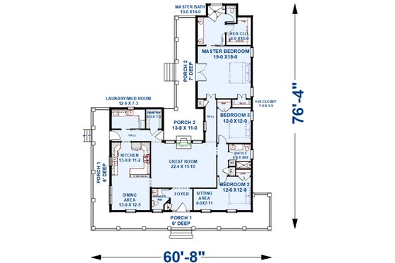 Floor Plan - Main Floor for Southern House Plan #44-237 - 3 bed, 2.5 bath