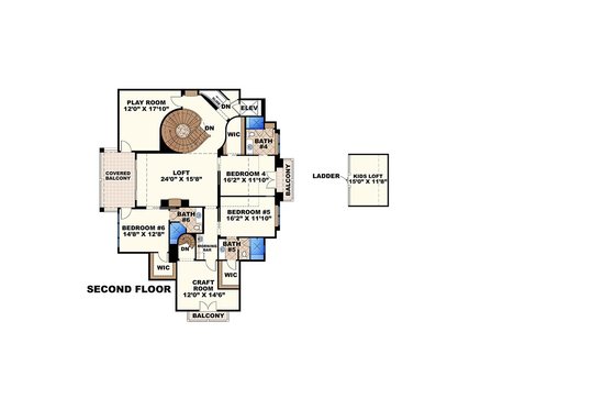 Floor Plan - Upper Floor for Mediterranean House Plan #27-466 - 6 bed, 7.5 bath