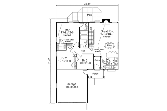 Floor Plan - Main Floor for Ranch House Plan #57-382 - 3 bed, 2 bath
