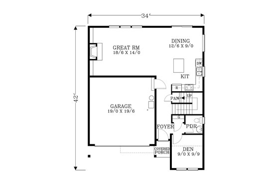 Floor Plan - Main Floor for Craftsman House Plan #53-510 - 3 bed, 2.5 bath