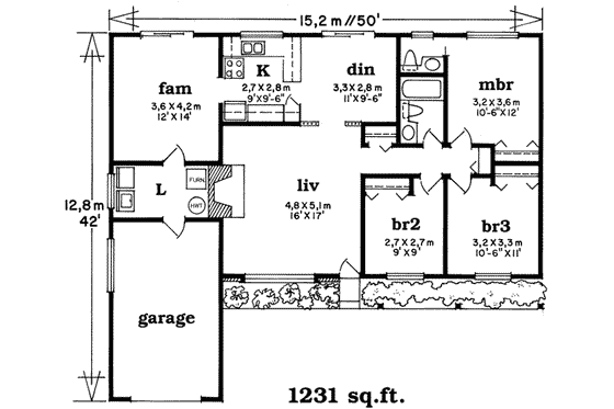 Floor Plan - Main Floor for Ranch House Plan #47-523 - 3 bed, 1.5 bath