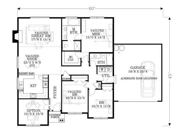 Floor Plan - Main Floor for Craftsman House Plan #53-475 - 3 bed, 2 bath