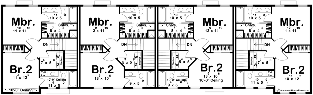 Upper level floor plan for a quadplex townhome with two bedrooms in each unit