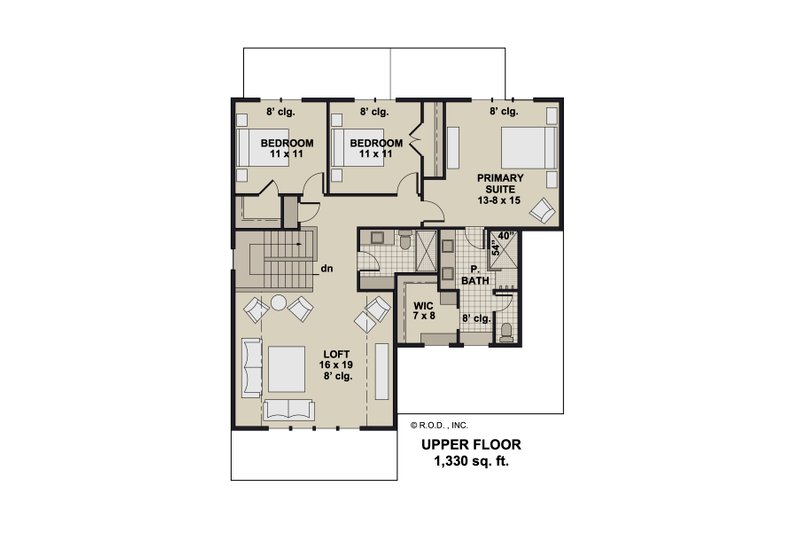 House Blueprint - Floor Plan - Upper Floor for Farmhouse House Plan #51-1354 - 3 bed, 2.5 bath
