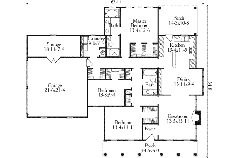 Home Plan - Floor Plan - Main Floor for Southern House Plan #406-287 - 3 bed, 2 bath