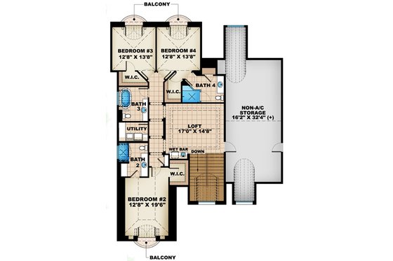 Floor Plan - Upper Floor for European House Plan #27-449 - 4 bed, 4.5 bath