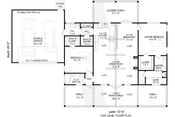 Floor Plan - Main Floor for Prairie House Plan #932-967 - 2 bed, 2 bath