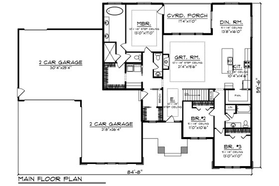 Floor Plan - Main Floor for Ranch House Plan #70-1495 - 3 bed, 2.5 bath