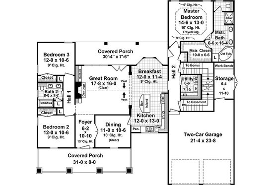 Craftsman style house plan, bungalow design, main level floor plan