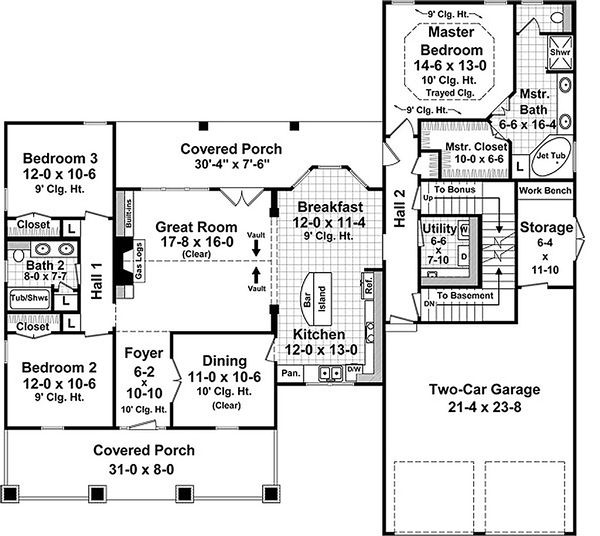 Craftsman style house plan, bungalow design, main level floor plan