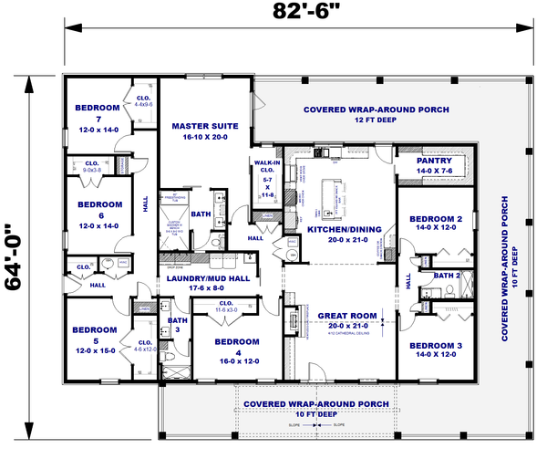 Architectural House Design - Floor Plan - Main Floor for Farmhouse House Plan #44-317 - 7 bed, 3 bath